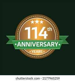 114 years anniversary, country style, old gold and green, wedding, companies, years, jubilee, greeting card. Birthday invitation sign on deep green background. Vector illustration.