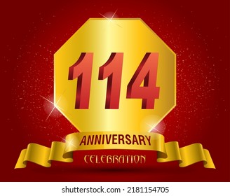  114 years anniversary logo template. Red numbers with golden ribbon.