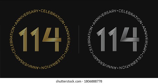 114th birthday. One hundred and fourteen years anniversary celebration banner in golden and silver colors. Circular logo with original numbers design in elegant lines.