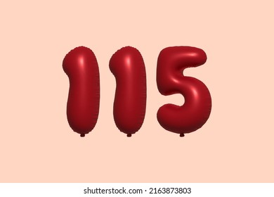 115 3d number balloon made of realistic metallic air balloon 3d rendering. 3D Red helium balloons for sale decoration Party Birthday, Celebrate anniversary, Wedding Holiday. Vector illustration