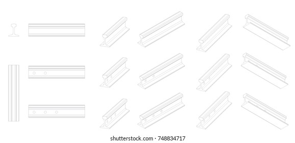 115 lb/yd A.R.E.M.A. Rail - vector drawing. Isometric views and projections, with 2 and 3 joint holes and without them.