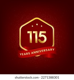 115 years anniversary. Anniversary template design with gold number and red ribbon, design for event, invitation card, greeting card, banner, poster, flyer, book cover and print. Vector Eps10