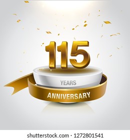 115 years golden anniversary logo celebration with confetti and ribbon - Vector