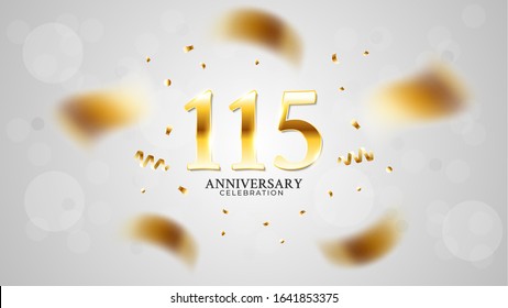 115th anniversary celebration with gold color and white background bokeh effects and sparkling confetti. modern elegant design can be used for a wedding or company. editable vector EPS 10