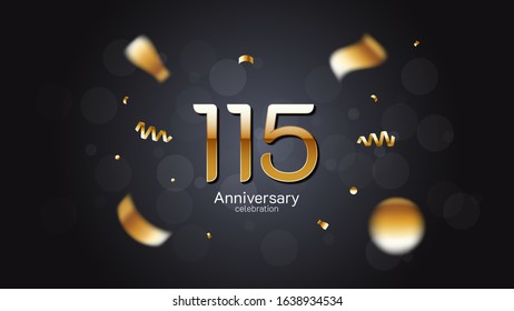 115th anniversary celebration Gold numbers editable vector EPS 10 shadow and sparkling confetti with bokeh light black background. modern elegant design for wedding party or company event decoration