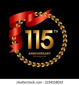 115th Anniversary Celebration. Anniversary Logo Design with Laurel Wreath and Red Ribbon for Celebration Event, Wedding, Invitation, Greeting Card. Logo Vector Illustration