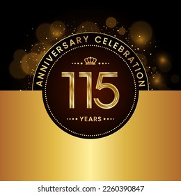 115th Anniversary Celebration. logo design with golden numbers and text for birthday celebration event, invitation, wedding, greeting card, banner, poster, flyer, brochure. Logo Vector Template