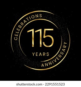 115th anniversary, golden anniversary with a circle, line, and glitter on a black background.