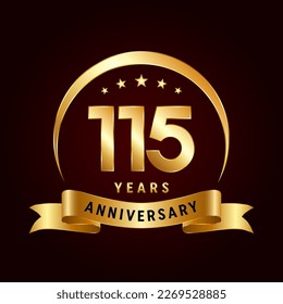 115th Anniversary logo design with golden ribbon. Logo Vector Template Illustration