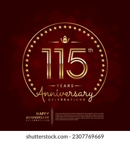 115th anniversary logo with double line number and golden text for birthday celebration event, invitation, banner poster, flyer, and greeting card, vector template