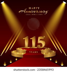 115th anniversary logo with numbers and podium in gold color, logo design for celebration event, invitation, greeting card, banner, poster, and flyer, vector template