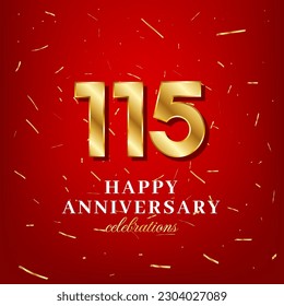 115th anniversary vector template with a golden number and golden confetti spread on a red background