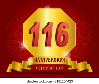  116 years anniversary logo template. Red numbers with golden ribbon.