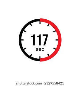 117 seconds timer clock. 117 sec stopwatch icon countdown time digital stop chronometer.