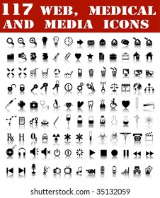 117 web, medical and media icons