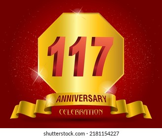  117 years anniversary logo template. Red numbers with golden ribbon.