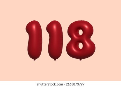 118 3d number balloon made of realistic metallic air balloon 3d rendering. 3D Red helium balloons for sale decoration Party Birthday, Celebrate anniversary, Wedding Holiday. Vector illustration