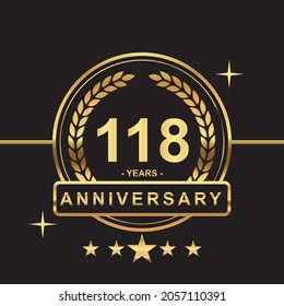 118 years anniversary golden color with circle ring and stars isolated on black background for anniversary celebration event luxury gold premium vector