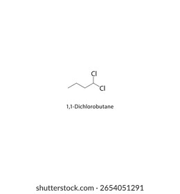 Estructura esquelética de 1,1-diclorobutano. Ilustración esquemática del compuesto halógeno alcano. Diagrama simple, fórmula química.