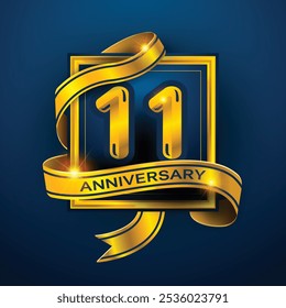 11st Anniversary diseña una cinta dorada envuelta alrededor del número '11' sobre un fondo azul oscuro. Perfecto para celebrar hitos o promover eventos de aniversario con un lujo.