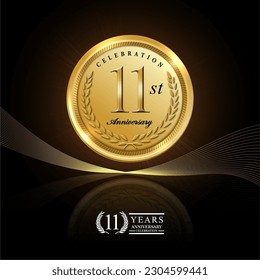 11st gold anniversary celebration logo with golden color and laurel wreath vector design.