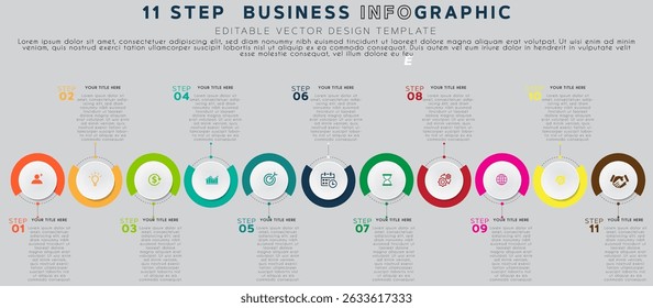  11-Step Business Infographic with Circular Sections, Colorful Process Visualization, Horizontal Layout, Modern Design, Workflow Guide, Task Management, Strategy, Presentation