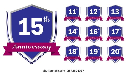 11th, 12th, 13th, 14th, 15th, 16th, 17th, 18th, 19th, 20th Anniversary. Anniversary sign collection isolated on white background. Vector illustration EPS 10 File.