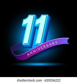 11th Anniversary 3D text with glow effect .celebration vector  template design