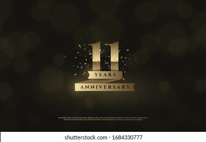 11th anniversary background with gold number illustrations on a black background and a blur circle