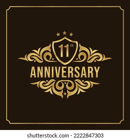 11th anniversary card. Beautiful greeting banner poster and golden logo with gold text word and gold number.