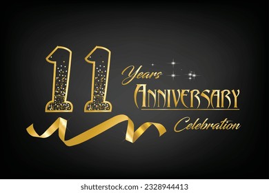 11th Anniversary Celebrating golden text and confetti on dark background with numbers. 