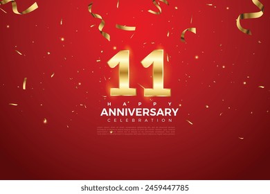 11th Anniversary celebration, 11 Anniversary celebration On Red background for celebration event, festive illustration, Golden number 11 sparkling confetti, 11,12