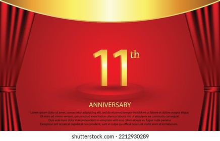 11th Anniversary celebration. 11 year Anniversary Celebration with red background. Podium anniversary. Curtain stage anniversary. Gold luxury banner celebration.