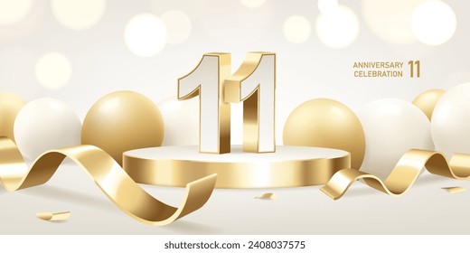 11th Anniversary celebration background. Golden 3D numbers on round podium with golden ribbons and balloons with bokeh lights in background.