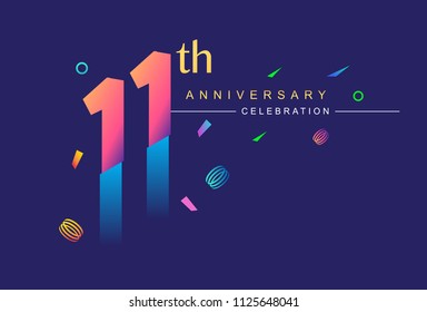 11th anniversary celebration with colorful design, modern style with ribbon and colorful confetti isolated on dark background, for birthday celebration
