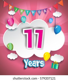 11th Anniversary Celebration Design, with clouds and balloons. using Paper Art Design Style, Vector template elements for your, eleven years birthday celebration party.