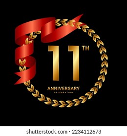 11th Anniversary Celebration. Anniversary Logo Design with Laurel Wreath and Red Ribbon for Celebration Event, Wedding, Invitation, Greeting Card. Logo Vector Illustration