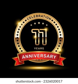 11th anniversary celebration logo design with golden color emblem style and red ribbon, vector template