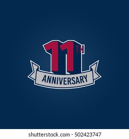 11th Anniversary Celebration Logo using 3d Number, Red Colored Isolated in Blue Background. Retro Style 