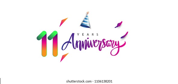 11th anniversary celebration logotype and anniversary calligraphy text colorful design, celebration birthday design on white background.