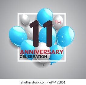 11th anniversary celebration logotype. anniversary logo with balloon in white rectangle.  Vector design for celebration, birthday, party, festival, invitation card, and greeting card