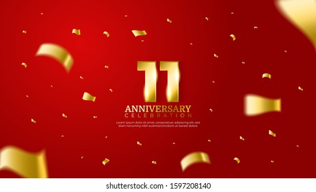 11th anniversary celebration vector red background. Golden numbers with shadow and sparkling confetti modern and elegant design for wedding party event decoration. Editable vector EPS 10