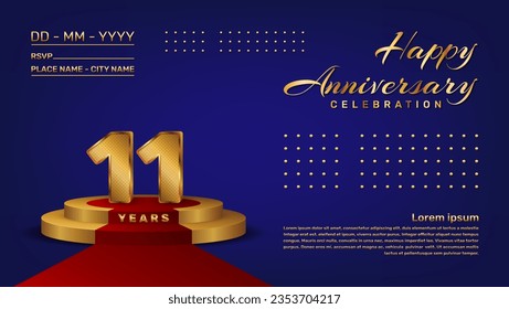 11ª celebración de aniversario plantilla vectorial con estilo de números 3D y etapa dorada, plantilla Vector