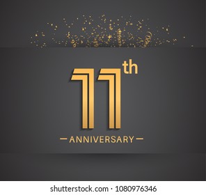 11th anniversary design for company celebration event with golden multiple line and confetti isolated on dark background 