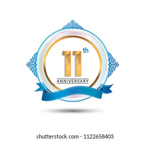11th anniversary design golden color on circle with blue ornament and ribbon for celebration event 
