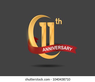 11th anniversary design logotype golden color with ring and red ribbon for celebration