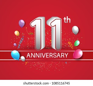 11th anniversary design red background with balloons and confetti for company celebration event 