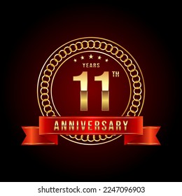 11th Anniversary. Anniversary logo design with gold color text and red ribbon for anniversary celebration event. Logo Vector Illustration