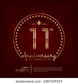 Logo del 11º aniversario con número de línea doble y texto dorado para celebración de cumpleaños, invitación, afiche de pancartas, volante y tarjeta de saludo, plantilla de vector