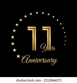 11th anniversary logo with gold color for brochure, poster, banners, magazines, web, booklets, invitations or greeting cards. Vector illustration